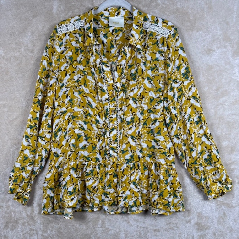 Maeve Anthropologie Mustard Yellow Rabbit Print Lace Peplum Blouse Top Size 6